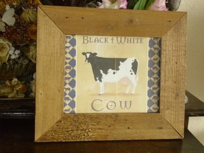 Bild Kuh weiß schwarz - mit Rahmen Holz Rustikal   37 x 32  cm - Bild 1 von 4