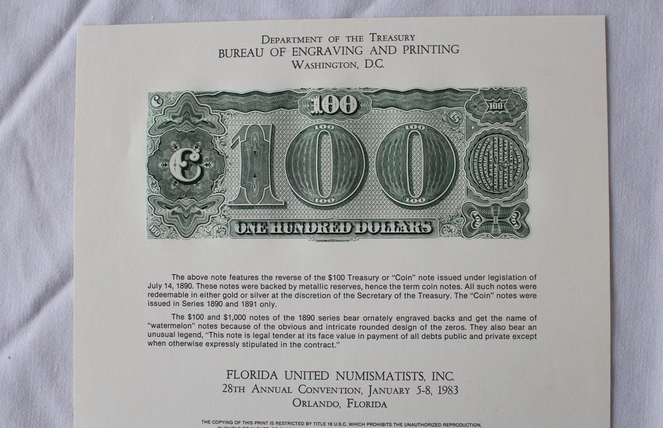 1983 BEP B59 1890 $100 28th FUN Convention Orlando Florida Souvenir Card E3114 - Image 1 of 1