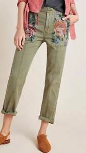 Women's Anthropologie Olive Green Floral Embroidered Pocket Crop Pants Size 28P - Picture 1 of 5