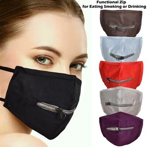 Reusable Face Mask With Zipper Washable Breathable Zip Open For Drinking Eating - Picture 1 of 19