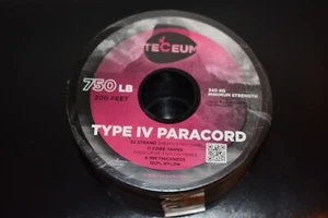 TECEUM Paracord Type IV 750 lb Black – 200 ft – 4mm – 100% Nylon Strong - Picture 1 of 3