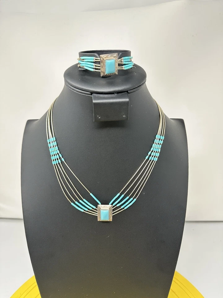 Sterling Silver Turquoise Pendant Liquid Choker Necklace & Bracelet 21g 18 In 7” - Image 1 of 1