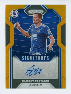 Tarjeta dorada de la ciudad de Leicester 2021-22 Timothy Castagne Panini Prizm Signatures 7/10 Foto 1 de 3