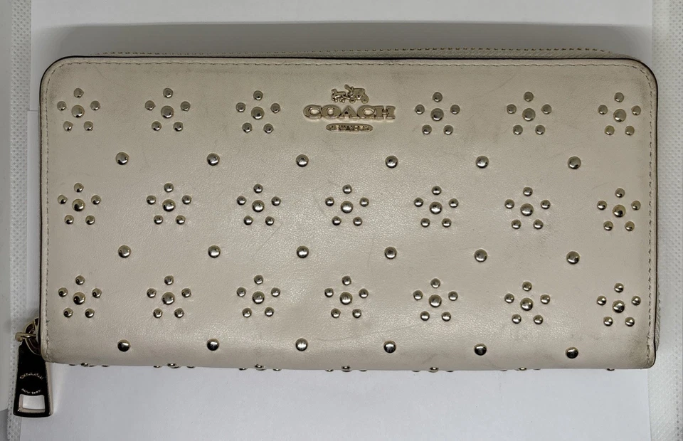Coach New York Women’s Cream Colored Leather Gold Studded Zipper Wallet - Image 1 of 4