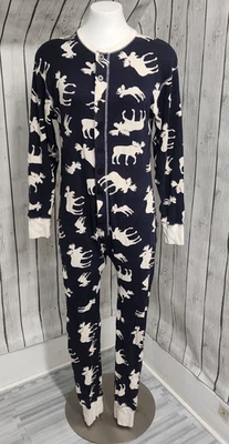 Lazy One Adult Union Suit One Pcs.  Moose Print Flapjack Pajamas Blue Cotton M - Image 1 of 4