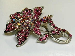 Vintage Aurora Borealis Brooch Flower Silver Tone Metal Pink AB Crystals Repair - Picture 1 of 9