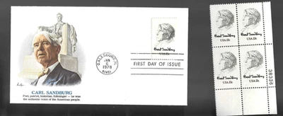 1978 Carl Sandburg Scott 1731 FDC ; Fleetwood cachet + MNH plate block - Image 1 of 2