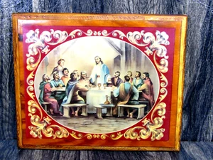 Vintage The Last Supper on Lacquered Wood Slab Wall Art Plaque 11.5" x 9.5" - Picture 1 of 11