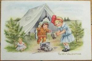 Children Playing, Native American, Doll 1915 Valentine Postcard, Embossed - Picture 1 of 1
