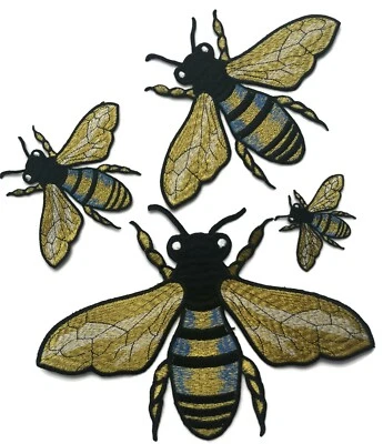 Gold Bee Metallic Patch Embroidered Iron On Quality Insect BugApplique 4 Sizes - Image 1 of 4