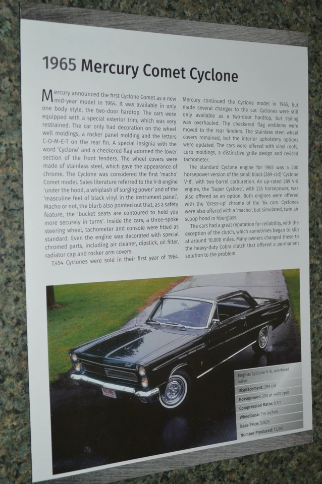 1965 MERCURY COMET CYCLONE INFO SPEC SHEET PHOTO FEATURE PRINT 65 289 5 - Image 1 of 1