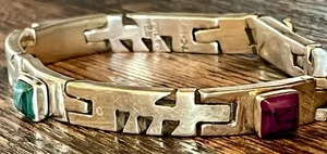 "Pulsera vintage de 8"" Taxco México malaquita sugilita esterlina 925 aspecto azteca" - Imagen 1 de 20