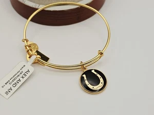 Alex Ani Shiny Gold Black Horseshoe Ky. Derby Charm Adj. Bangle Bracelet New 😍 - Picture 1 of 12