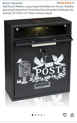 Solar Wall Mount Mailbox  With Keys And Light 10.5” H X  12” W X 4.7” D Black - Image 1 of 4