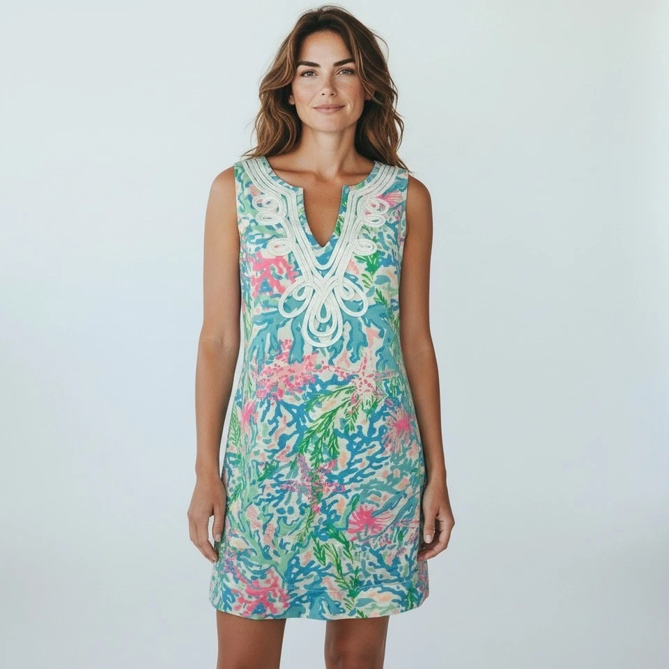 Vestido Lilly Pulitzer Harper Shift Sin Mangas Estampado Coral Arrecife Cuello en V Talla M Foto 1 de 4
