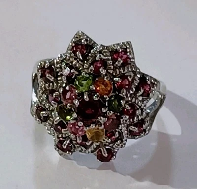 Anillo de plata de ley 925 redondo turmalina rodolita piedras preciosas naturales joyería talla Foto 1 de 4