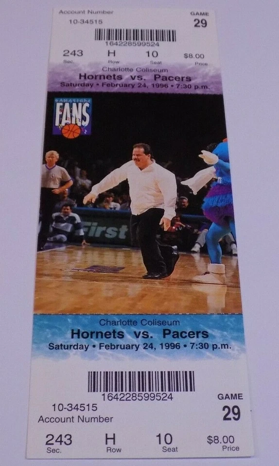 Charlotte Hornets Indiana Pacers Ticket Stub #10 2/24/96 Reggie Miller Rik Smits - Image 1 of 1
