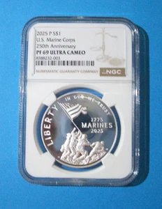 2025-P Marine Corps 250th Silver $1 Dollar Proof NGC PF69 W/OGP Ships Now - Picture 1 of 3