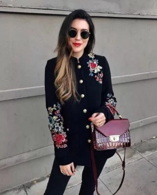 ZARA Bloggers Black Floral Embroidered Military Coat Wool Blend Size XS BNWT - Image 1 of 4