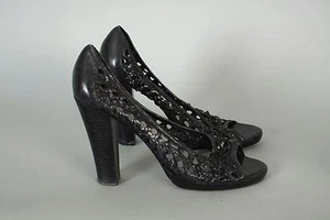 JOAN & DAVID : 7 : Black Leather Woven Peep Toe Netted Pumps Heels Cjyamina  - Picture 1 of 7
