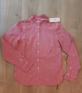 NWT Vineyard Vines Ruffle Gingham Button Down Shirt Red Green Whale Size 14 Girl - Picture 1 of 5