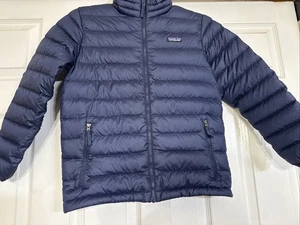 PATAGONIA Down puffer Sweater Jacket Kids size large 12 Navy Blue Quilt zip - Picture 1 of 13