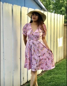 NWT Vintage Retro Style Lace V Neck Dress Pink Floral Tie Back Fit Sz SML - Picture 1 of 6