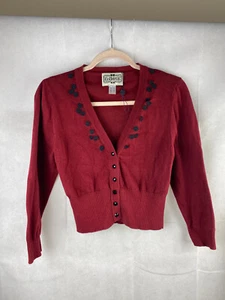 Collectif Cardigan UK 14 L Wine Red Daisy Floral V neck 3/4 Sleeve - Picture 1 of 13
