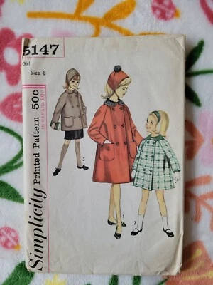 Toddler 1960 Vintage Sewing Pattern Girls Swing Coat Hat Simplicity 5147 Sz 8 - Image 1 of 4