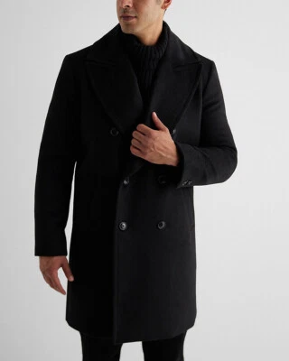 NEW EXPRESS $298 BLACK WOOL BLEND DOUBLE BREASTED TOPCOAT COAT SZ S SMALL - Image 1 of 4