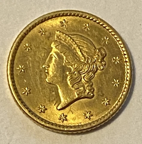 1849-P  Liberty Coronet Head Gold 90% Coin $1 Dollar Coin, Open Wreath, 1st YEAR Cover