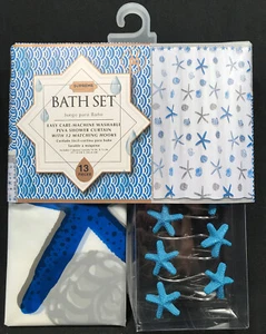 Blue Starfish RINGS & Vinyl shower curtain Bath Set Beach Shell Nautical - Picture 1 of 4