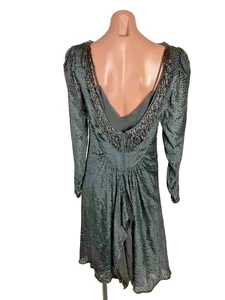 70s 80s Vintage Black Beaded Fringe Long Sleeve Low Back Dress Snakeskin Evening - Picture 1 of 11
