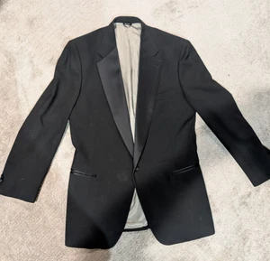 Vintage 70s Bill Blass Tuxedo 2 Pc Suit 44L Black Satin Collar Jacket Pants - Picture 1 of 11