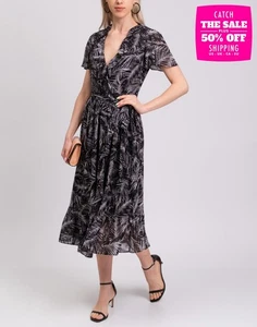 RRP€250 MICHAEL MICHAEL KORS Midi Wrap Dress Size XS Leaves Pattern Ruffle - Picture 1 of 7