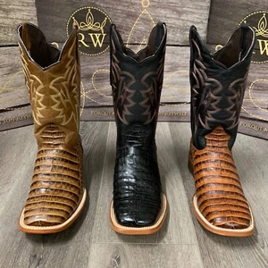 MEN'S RODEO COWBOY ALLIGATOR BELLY PRINT WESTERN SQUARE TOE BOOTS DARK COGNAC - Picture 1 of 17