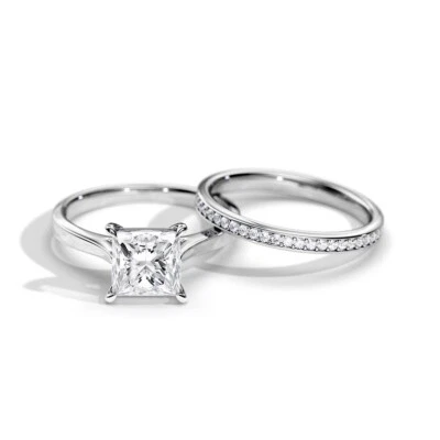 Conjunto de anel de casamento de diamante IGI GIA cultivado em laboratório ouro branco 18K feminino princesa 2,20 quilates - Imagem 1 de 4