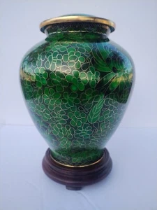 Large Cloisonné Green Emerald Jade Floral Urn Vase With Lid 10” and Stand - Picture 1 of 15