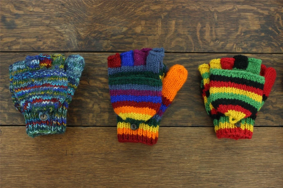 Hand Knitted Wool Shooter Gloves Handwarmer Woolly Warm Cosy Stripe Rainbow - Image 1 of 1