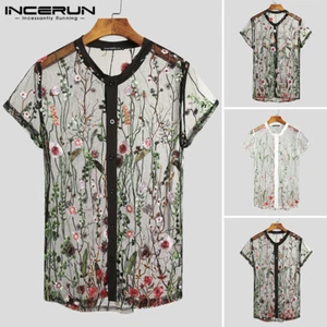 Men Sexy Shirt Short Sleeve Floral See Through Tops Fashion Mesh Sheer Beach Tee - Bild 1 von 14