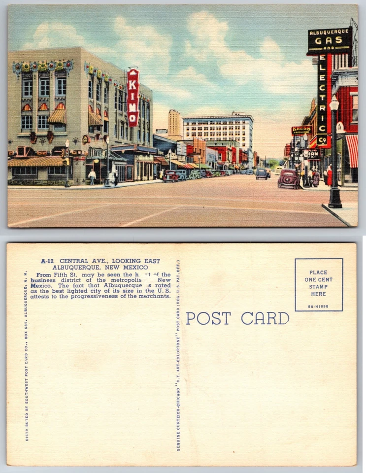 Central Avenue Looking East Albuquerque New Mexico NM Street Gas KIMO Postcard - Image 1 of 1