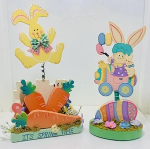 BUNNIES & BUTTERFLIES Figurines SET of 2 Wooden Easter Decoration w/ Flowers NEW - Picture 1 of 6