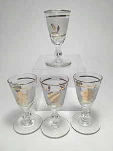Vtg Libbey Golden Foliage Cordial Glasses Set of 4 Stemmed Leaf Design 1 oz MCM - Picture 1 of 9