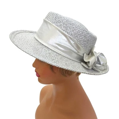 Sombrero Cisne De Colección Nueva York Plata Paja Metálico Sombrero Boda Iglesia Derby 22.5" Foto 1 de 4