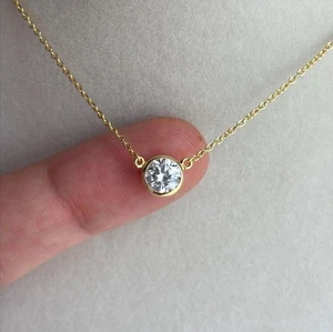 6.5mm Round Lab Grown Diamond Necklace Bezel Set Solitaire Pendant for Her - Picture 1 of 13