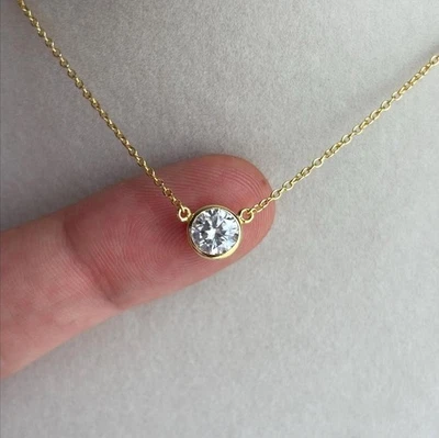 6.5mm Round Lab Grown Diamond Necklace Bezel Set Solitaire Pendant for Her - Image 1 of 4