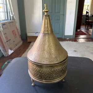 Middle Eastern Etched Brass Covered Sweet Bread Warmer Container Dovetail Box - Picture 1 of 14