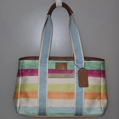 Bolso de Mano COACH 10067 Hampton Multicolor A Rayas Satén Borde de Cuero Foto 1 de 4