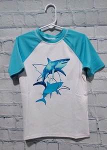 Lands' End Boys Size L (10H- 12H) White/Blue Shark Graphic Rash Guard Top Husky - Picture 1 of 5