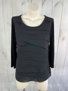 Chico's Travelers Solid Black Chiffon Tiers 3/4 Sleeve Blouse Top - Size 1 - Picture 1 of 4